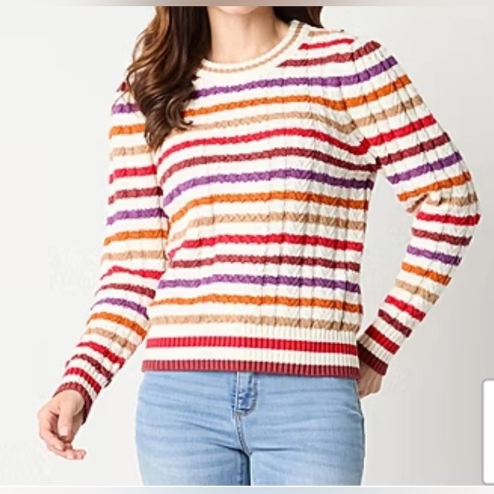 St. John's Bay Multicolor Striped Cable Knit Crewneck Sweater